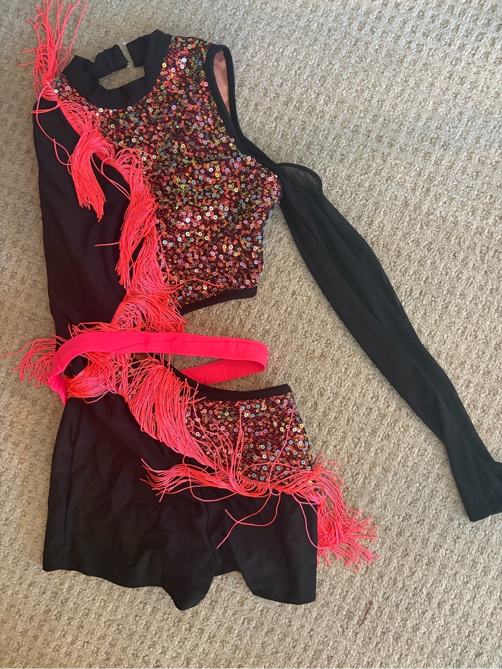 Black Dance Costume with Neon Pink iridescent Sequin Accents